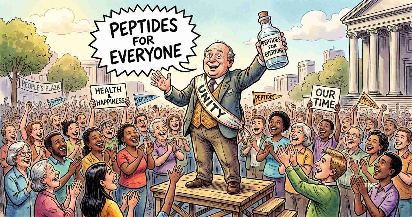 Cartoon of a cheerful man on a platform holding a bottle labeled 'Peptides for Everyone' while a cheering crowd waves signs like 'Health & Happiness' and 'Our Time'.