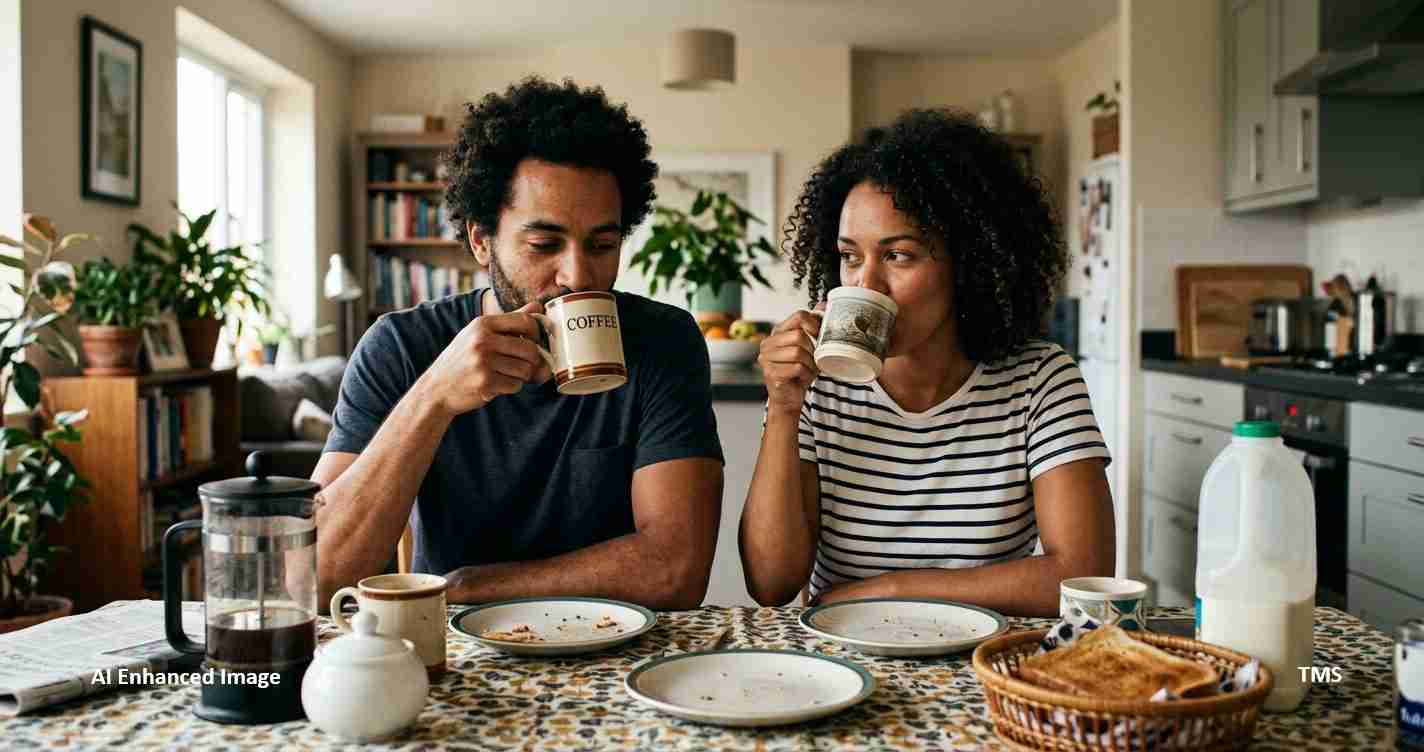 Two people share coffee at a cozy kitchen table with plates, a bread basket, and a milk bottle in view.