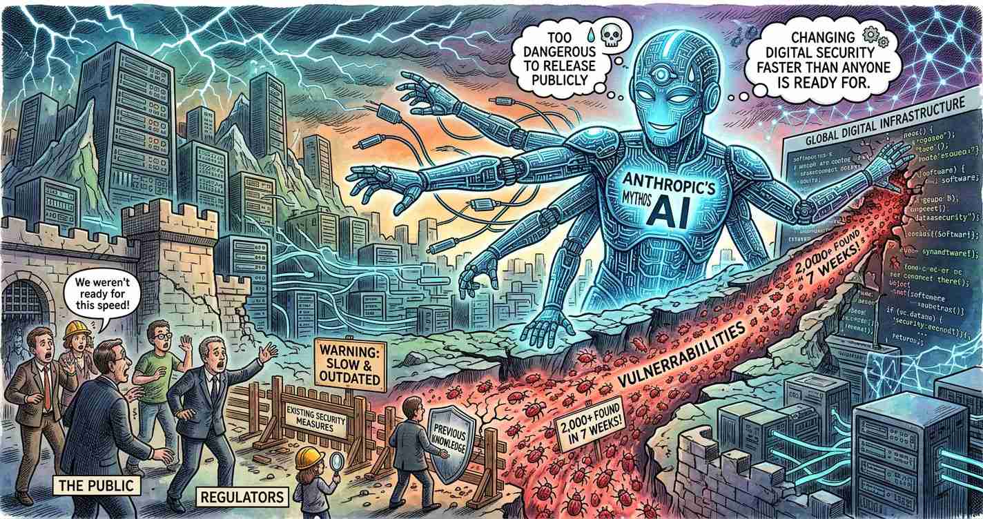 Cartoon of a blue humanoid AI titan labeled 'Anthropic's AI' rampaging through a digital city, spitting out streams of data while a river of 'Vulnerabilities' grows; regulators and the public watch in alarm, signaling unpreparedness for rapid AI power.