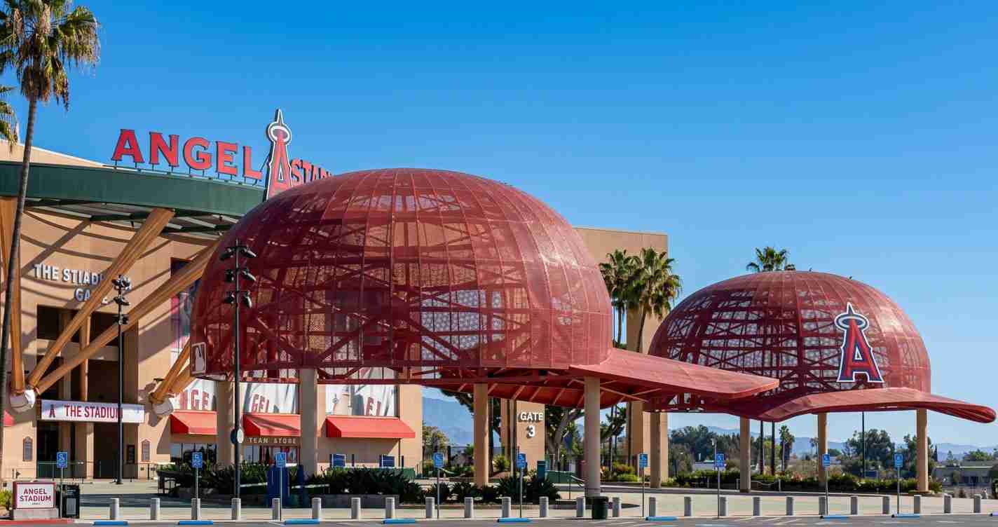 Exterior view of Angel Stadium with red geodesic domes, the large Angels