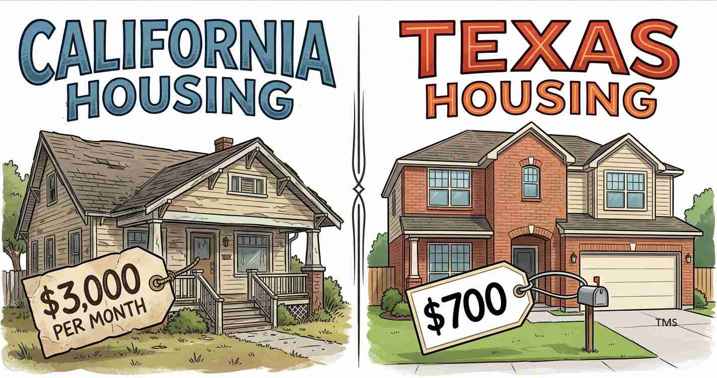 Split-panel illustration comparing California housing ($3,000/mo) with Texas housing ($700) to show cost contrast.