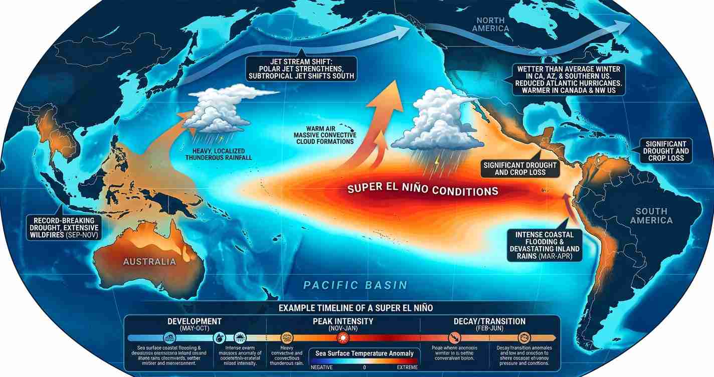 Infographic map showing Super El Niño warming across the Pacific with jet stream shifts and droughts/floods in the Americas and Australia.
