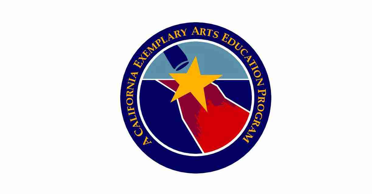 Logo for the California Exemplary Arts Education Program featuring a yellow star over a stylized map inside a blue circle with a dark blue border and yellow text around the edge.