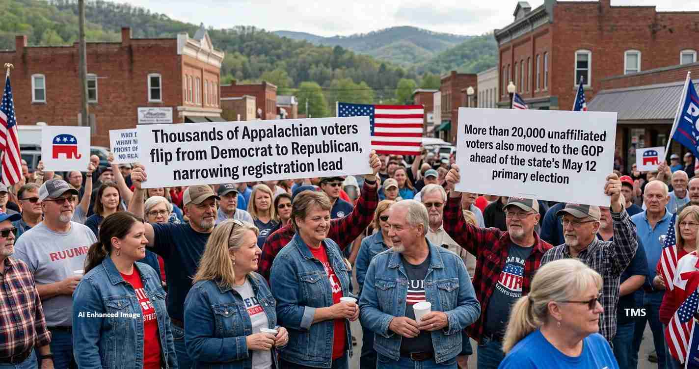Crowd of voters on a Main Street holding large signs about party registration and the GOP primary, with American flags and hills in the background.
