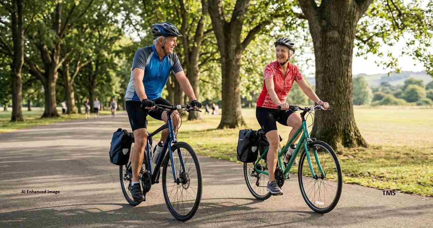 Two cyclists ride side by side on a tree-lined park path, wearing helmets and carrying pannier bags on their bikes.