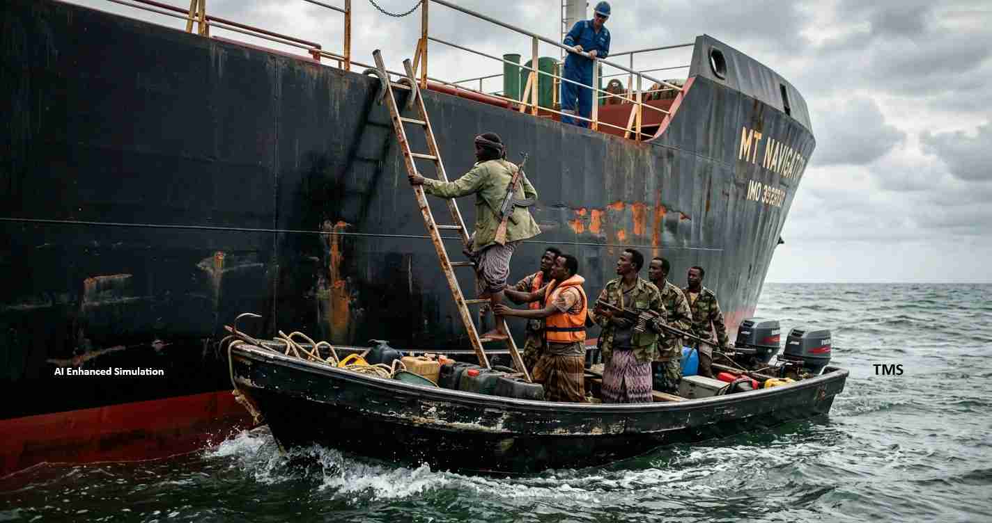 A small boat with several people, one in a life vest, helping others climb a ladder to a large dark cargo ship at sea.
