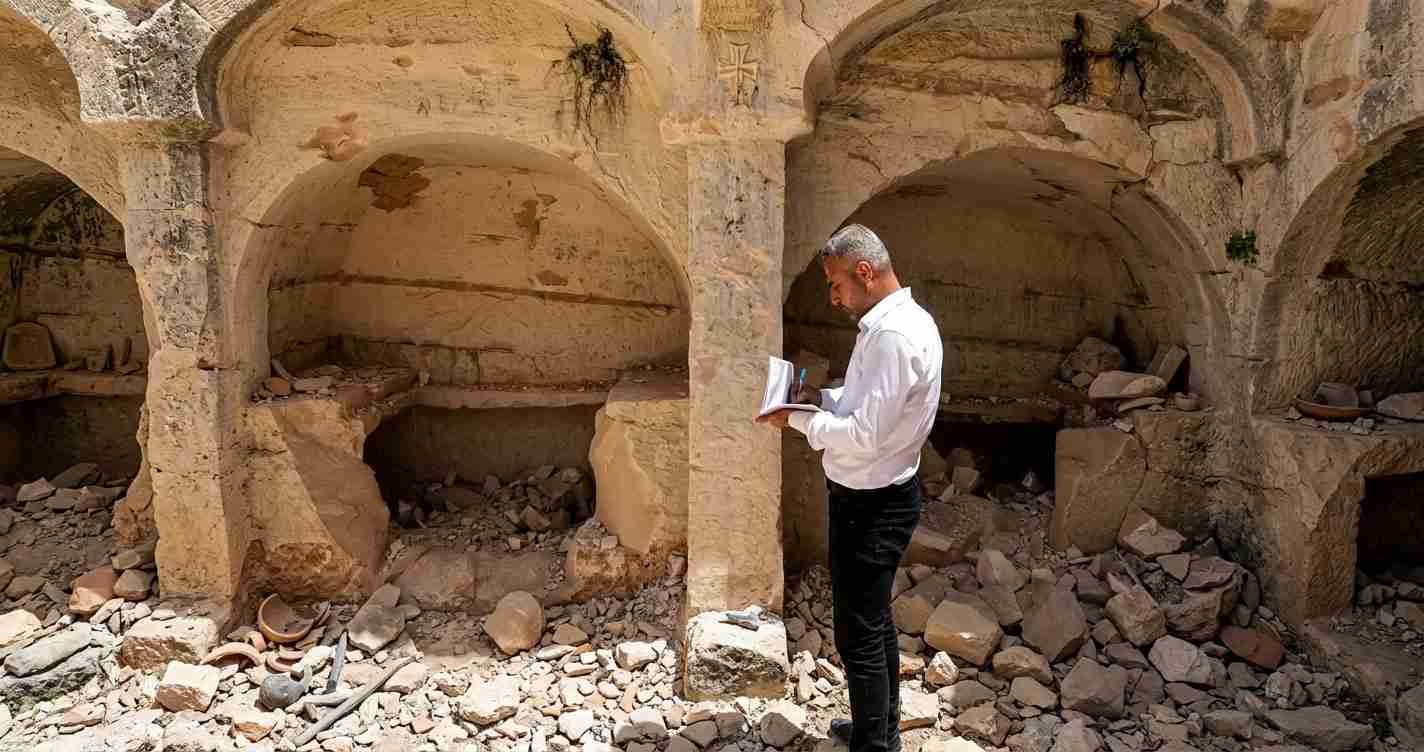 Man in a white shirt and black pants documents notes in a rubble-filled ancient ruin with stone arches.
