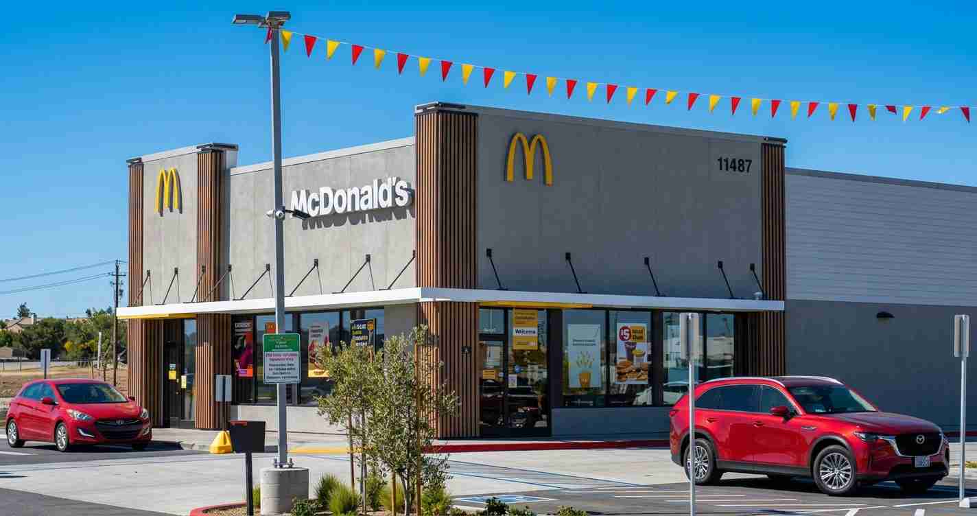 McDonald’s restaurant with the yellow arches logo, red cars parked in front under colorful pennant banners in a sunny lot.