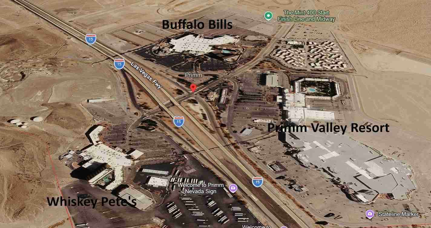 Aerial map of Primm, Nevada showing Buffalo Bills, Primm Valley Resort, Whiskey Pete's, and the I-15 highways.