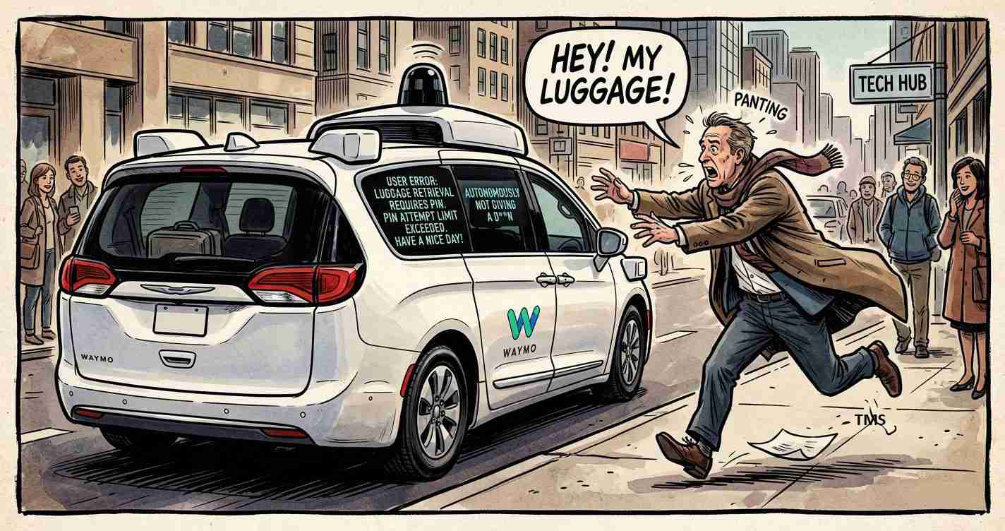Man in a brown coat chases a white Waymo autonomous taxi down a city street, yelling 'Hey! my luggage!'