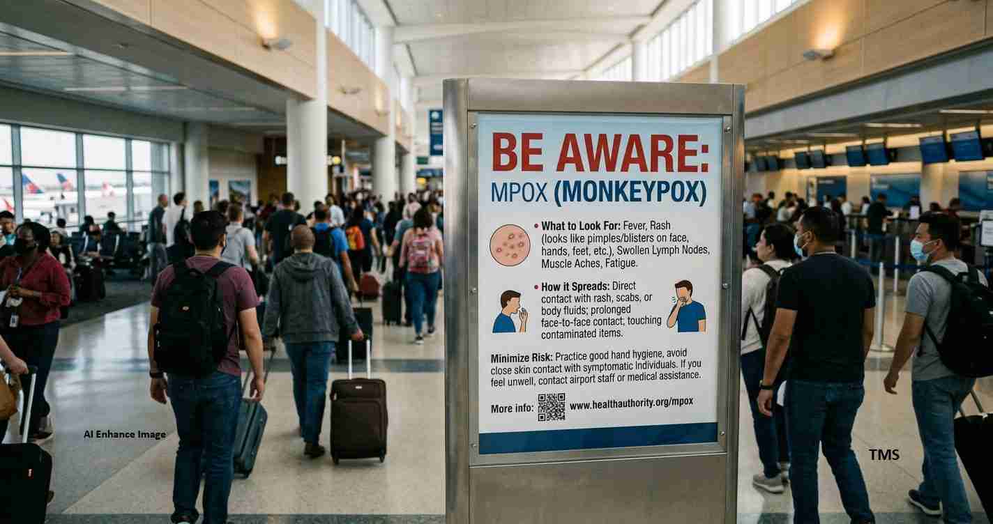 Airport terminal with a large poster about monkeypox awareness; travelers with wheeled luggage nearby.