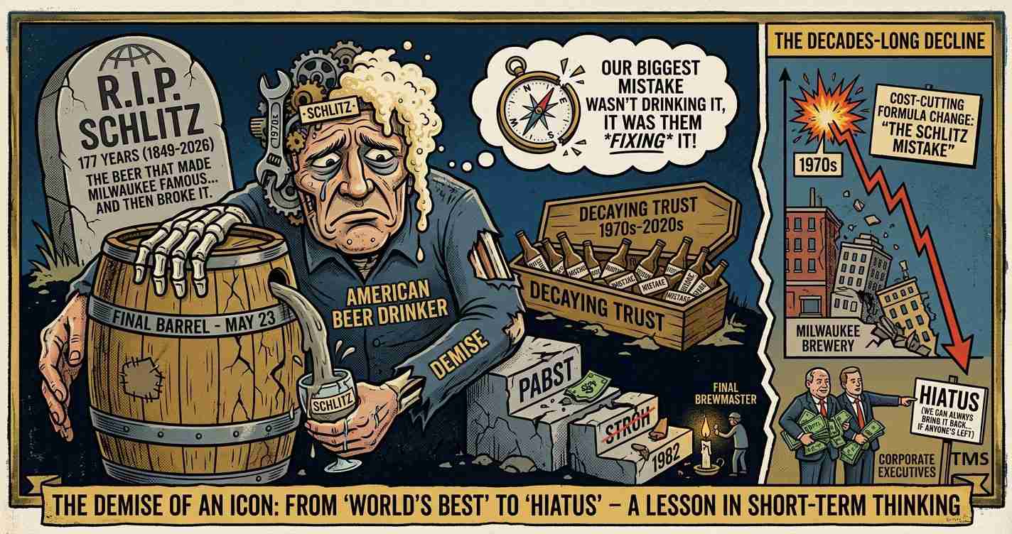 Comic-style illustration about the demise of Schlitz beer: a sad old man labeled 'American Beer Drinker' leans on a sinking Schlitz barrel, RIP SCHLITZ tombstone nearby, and broken beer brands (Pabst, Stroh) in crates labeled 'Decaying Trust.' The caption reads 'The Demise of an Icon'.