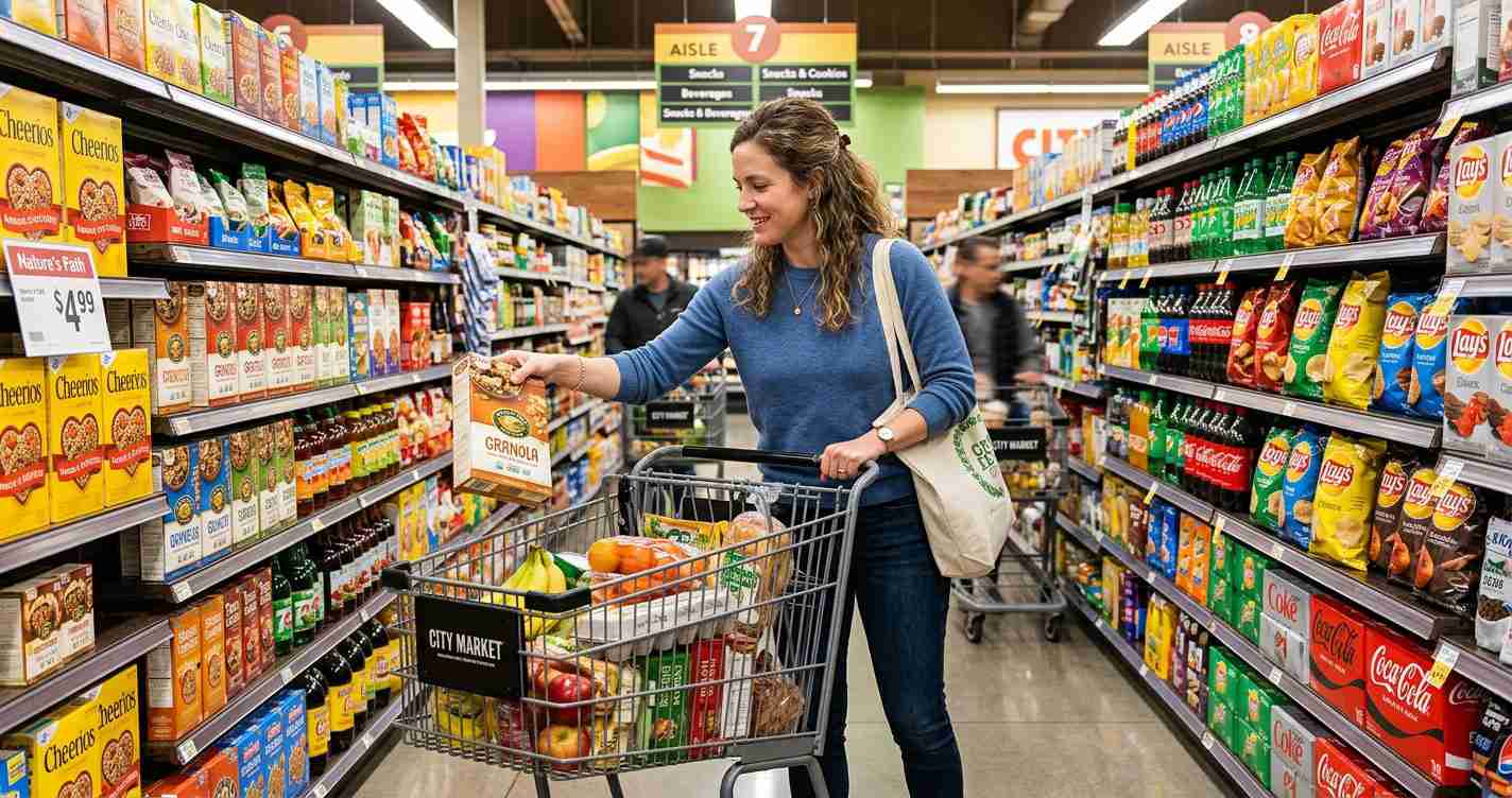 Woman shopping in a grocery store, reaching for a granola box while pushing a cart filled with produce and groceries.