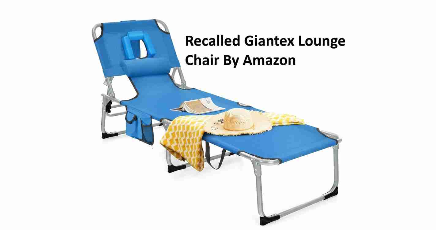 Blue reclining lounge chair with a matching blue footrest, covered by a yellow patterned blanket and hat; overlaid text reads 'Recall Giantex Lounge Chair By Amazon'