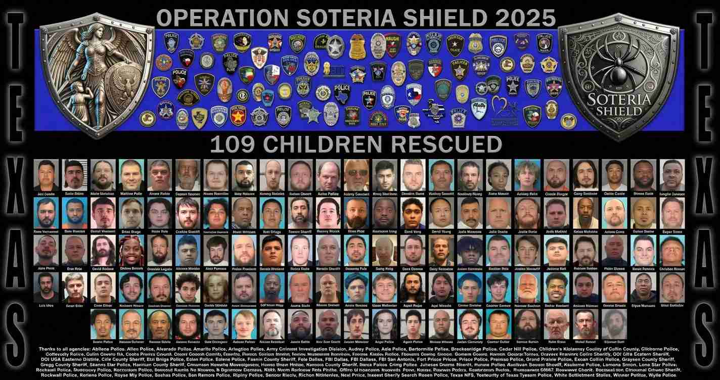Collage featuring police patches and a banner that reads 'Operation Soteria Shield 2025' with 109 children rescued, shown as numerous mugshots below.