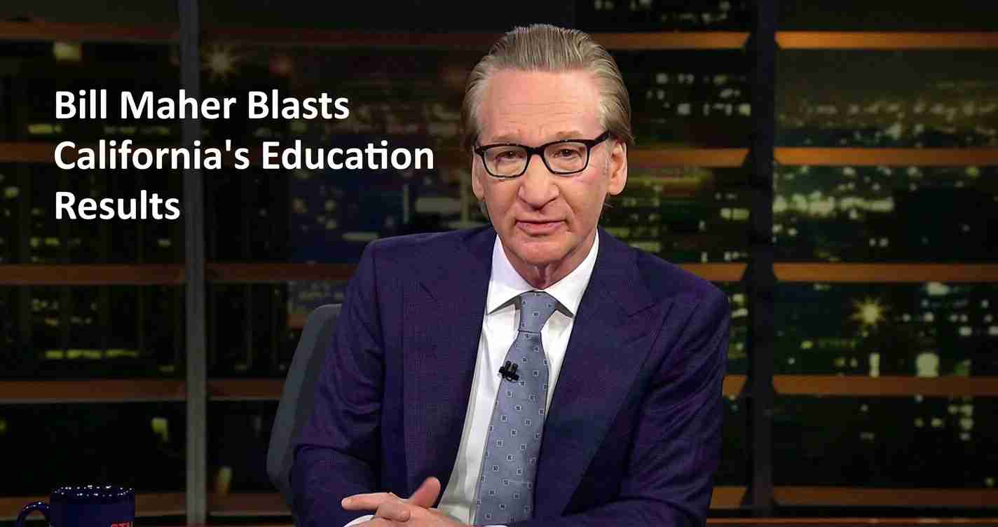 Talk-show host in a dark suit sits at a desk on a studio set with a bold headline about California's education results.