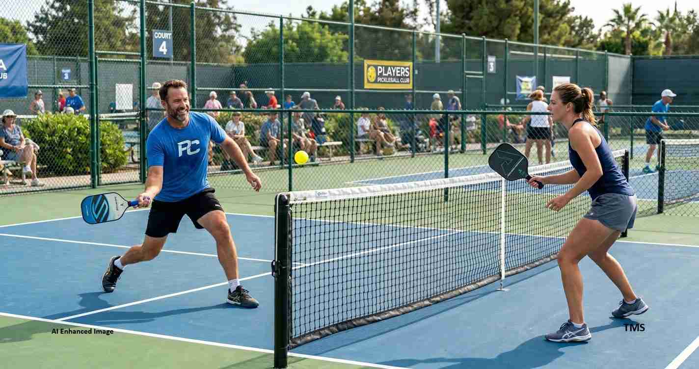Two players play pickleball at a fenced court, one man in blue shirt hits a ball toward a woman on the opposite side of the net, spectators in background.alternative: A man and a woman playing pickleball on a sunny court with a net between them and an audience watching.