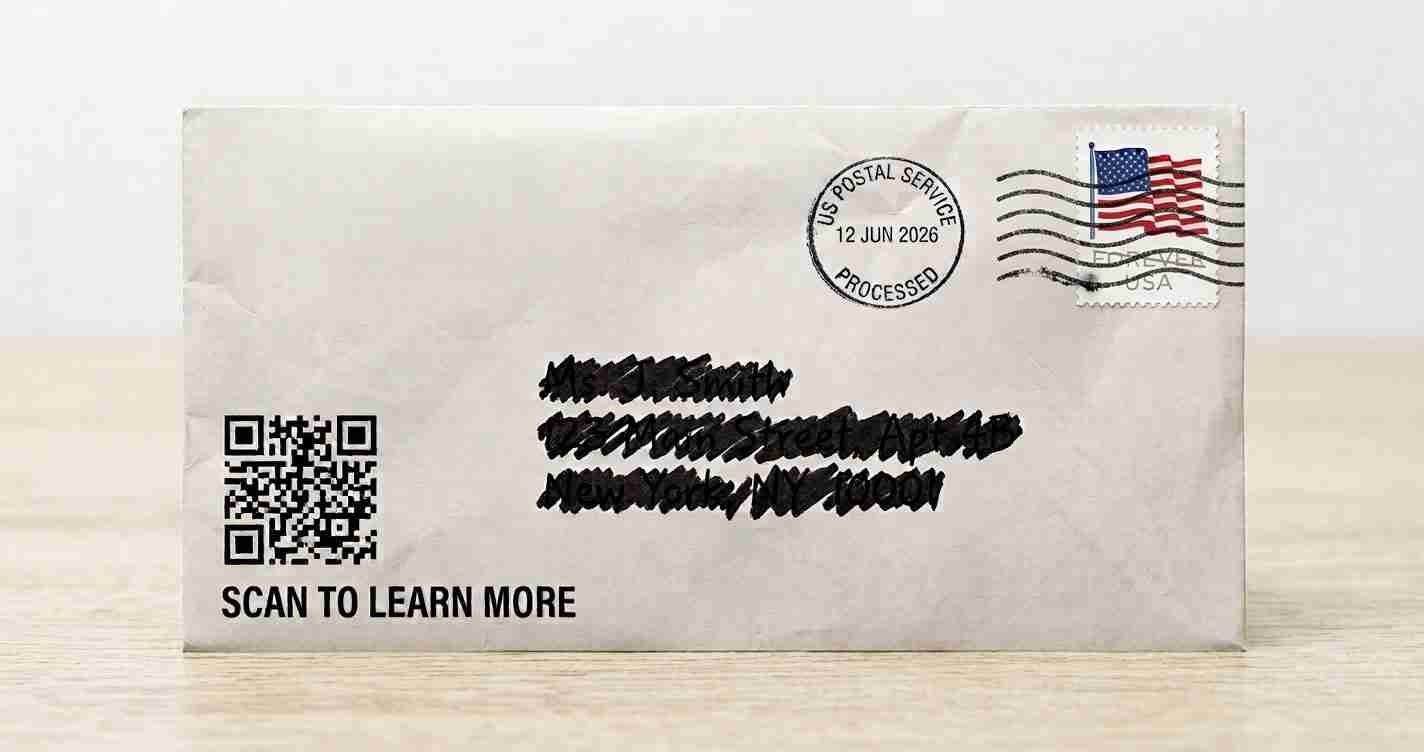 White envelope on a light desk with a QR code, heavily blacked-out address, US flag stamp, and 'SCAN TO LEARN MORE' text.