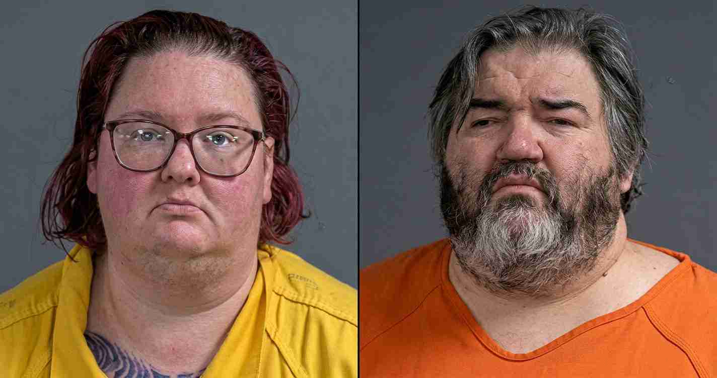 Two mugshots side by side: woman in yellow jumpsuit (left) and bearded man in orange jumpsuit (right) against a gray backdrop.