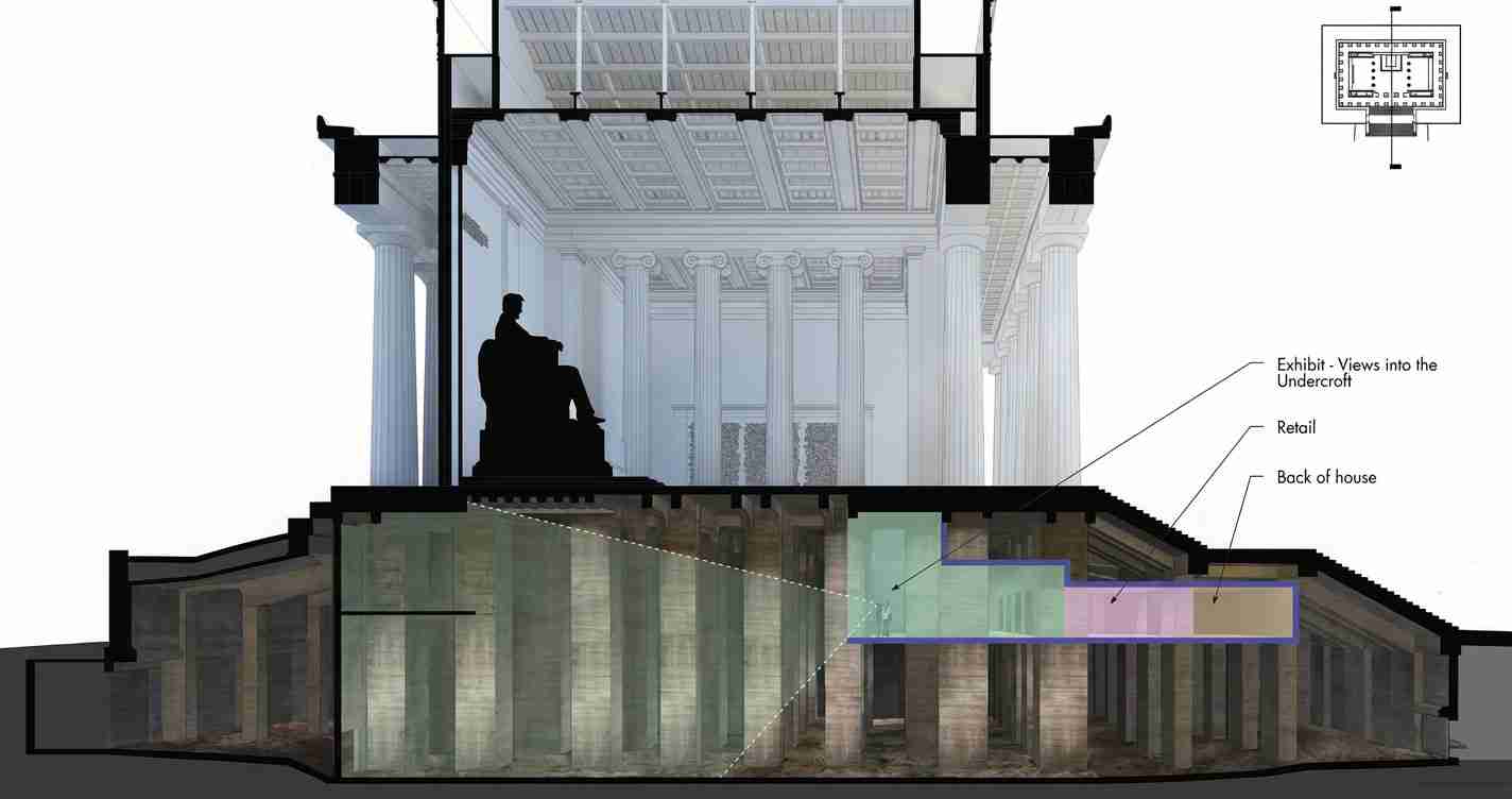 Cross-section of a museum: upper gallery with a statue, lower undercroft exhibits with colored display bays.