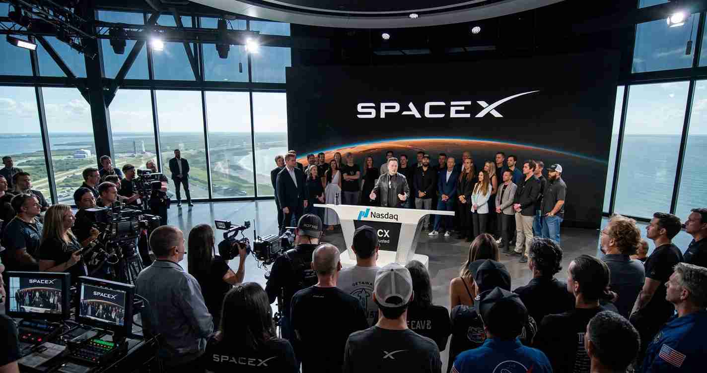 Speaker at a podium with SpaceX branding, Nasdaq sign visible, surrounded by a crowd in a glass-walled studio overlooking water.