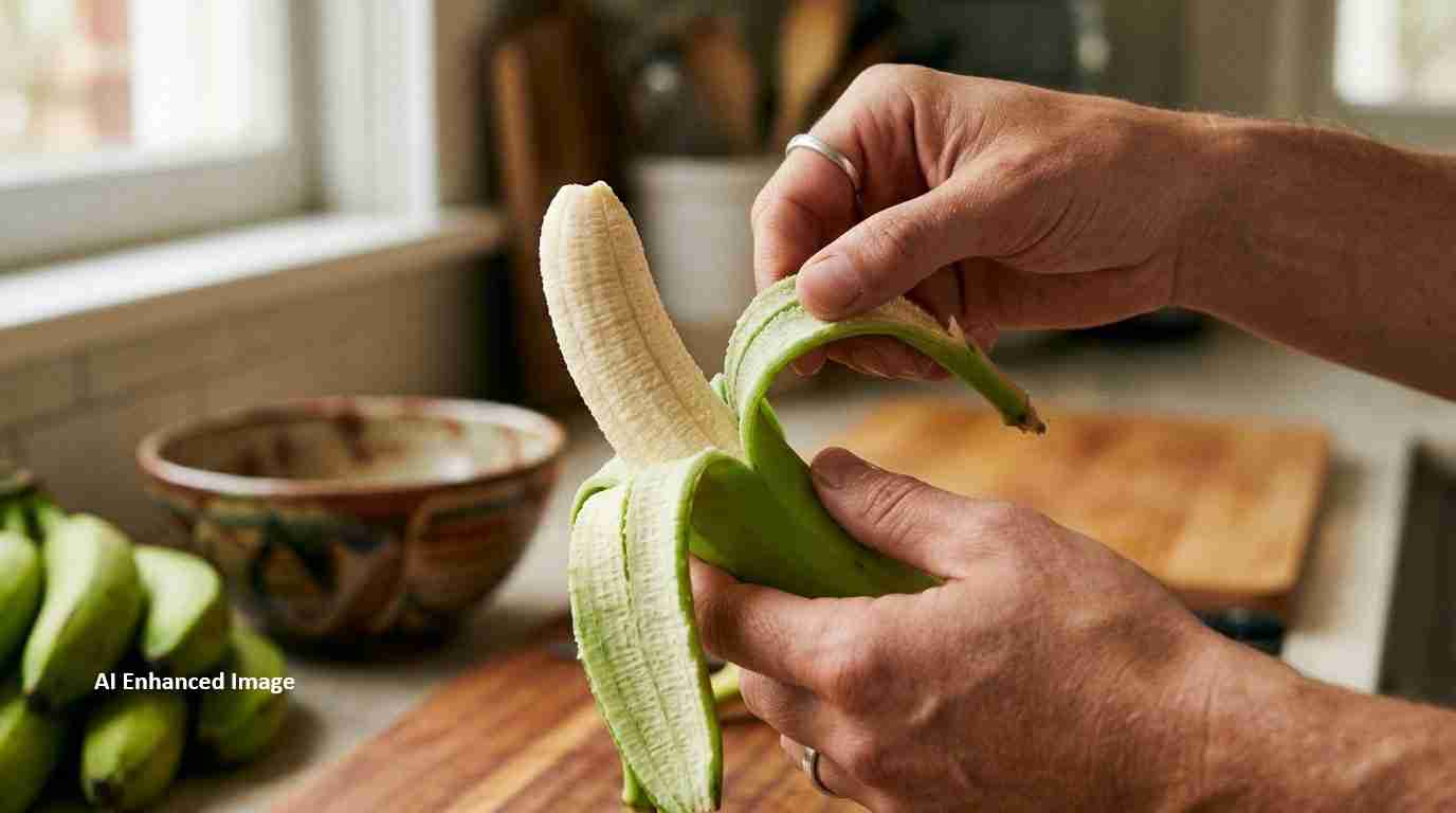 Person peels a banana on a kitchen counter, focusing on the fruit being opened.