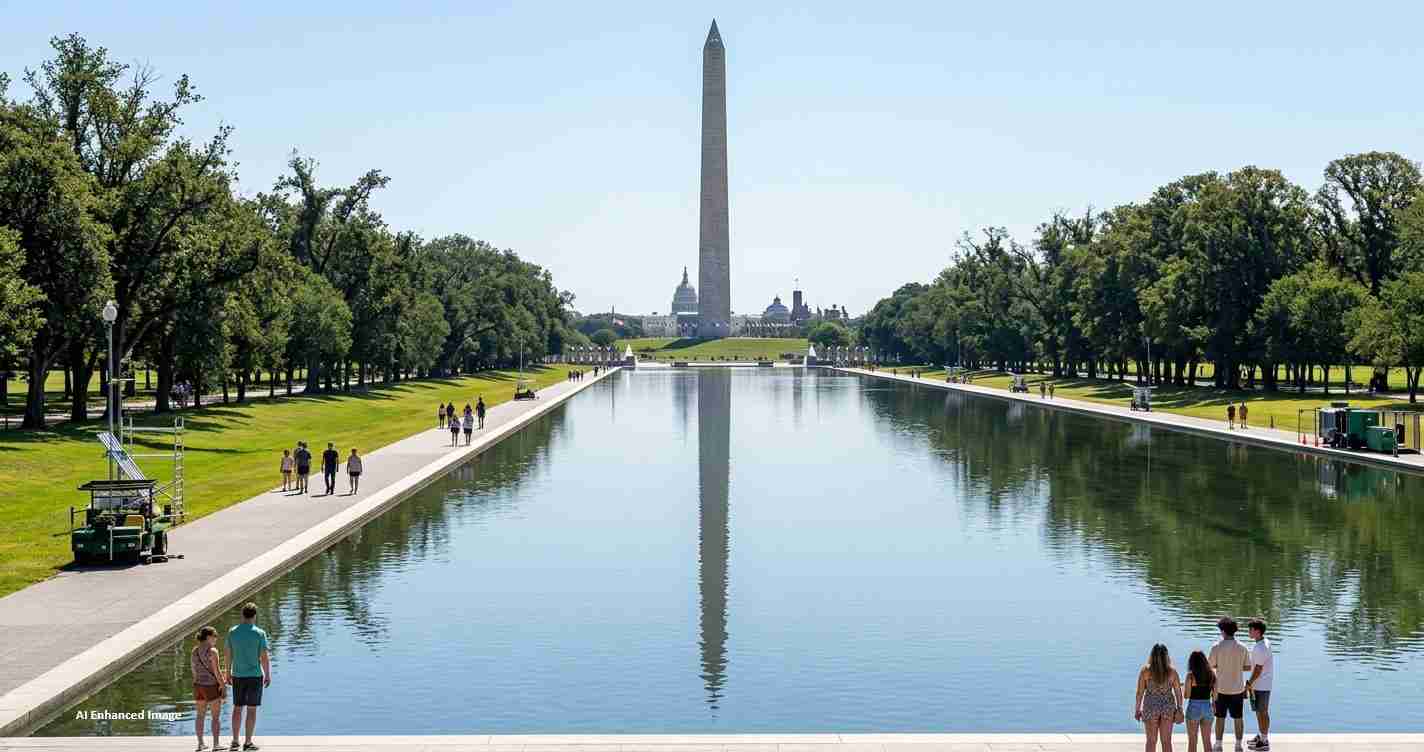 Wide view of the Reflecting Pool on the National Mall with the Washington Monument in the distance and people strolling along both sides on a sunny day.