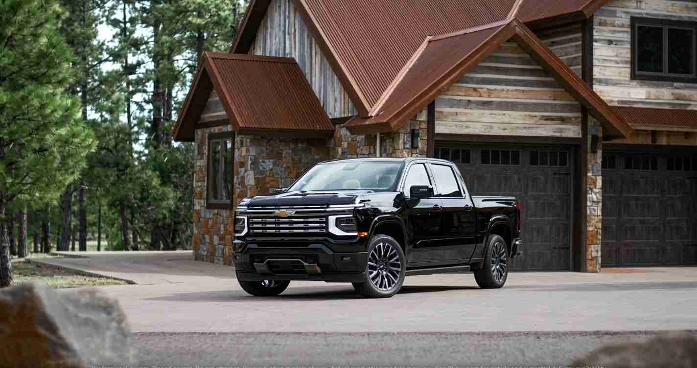 Black Chevrolet pickup truck parked in a driveway in front of a rustic stone-and-wood house with a red metal roof.