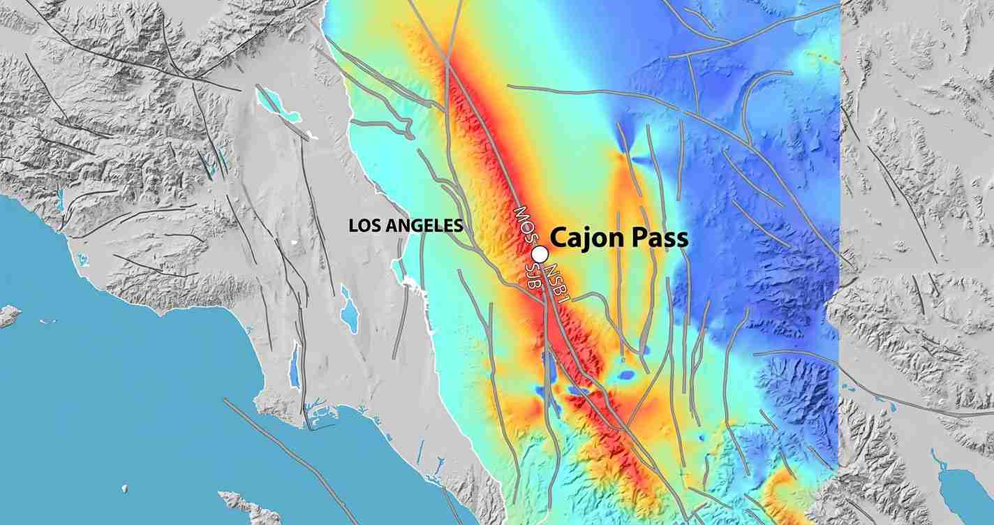Color-coded seismic-hazard map around Los Angeles with Cajon Pass and major fault lines highlighted; red/orange bands indicate higher risk.