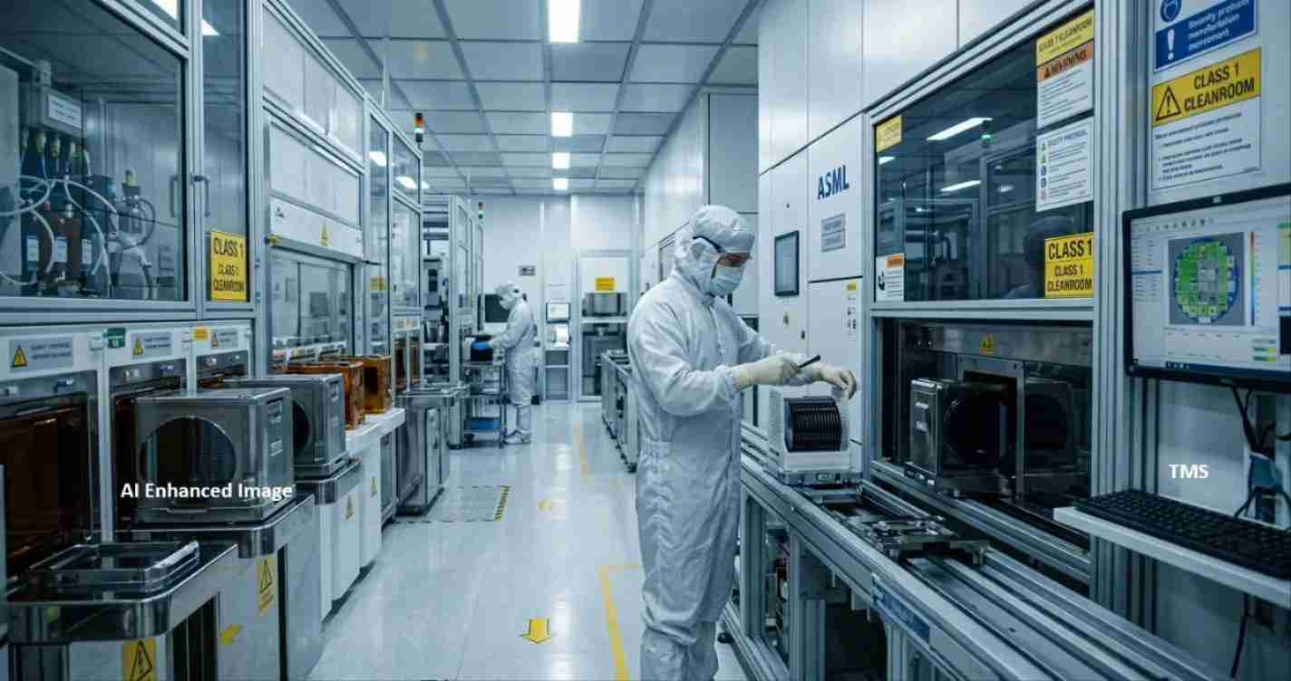 Technicians in cleanroom suits monitor automated equipment along a high-tech manufacturing line in a sterile lab setting