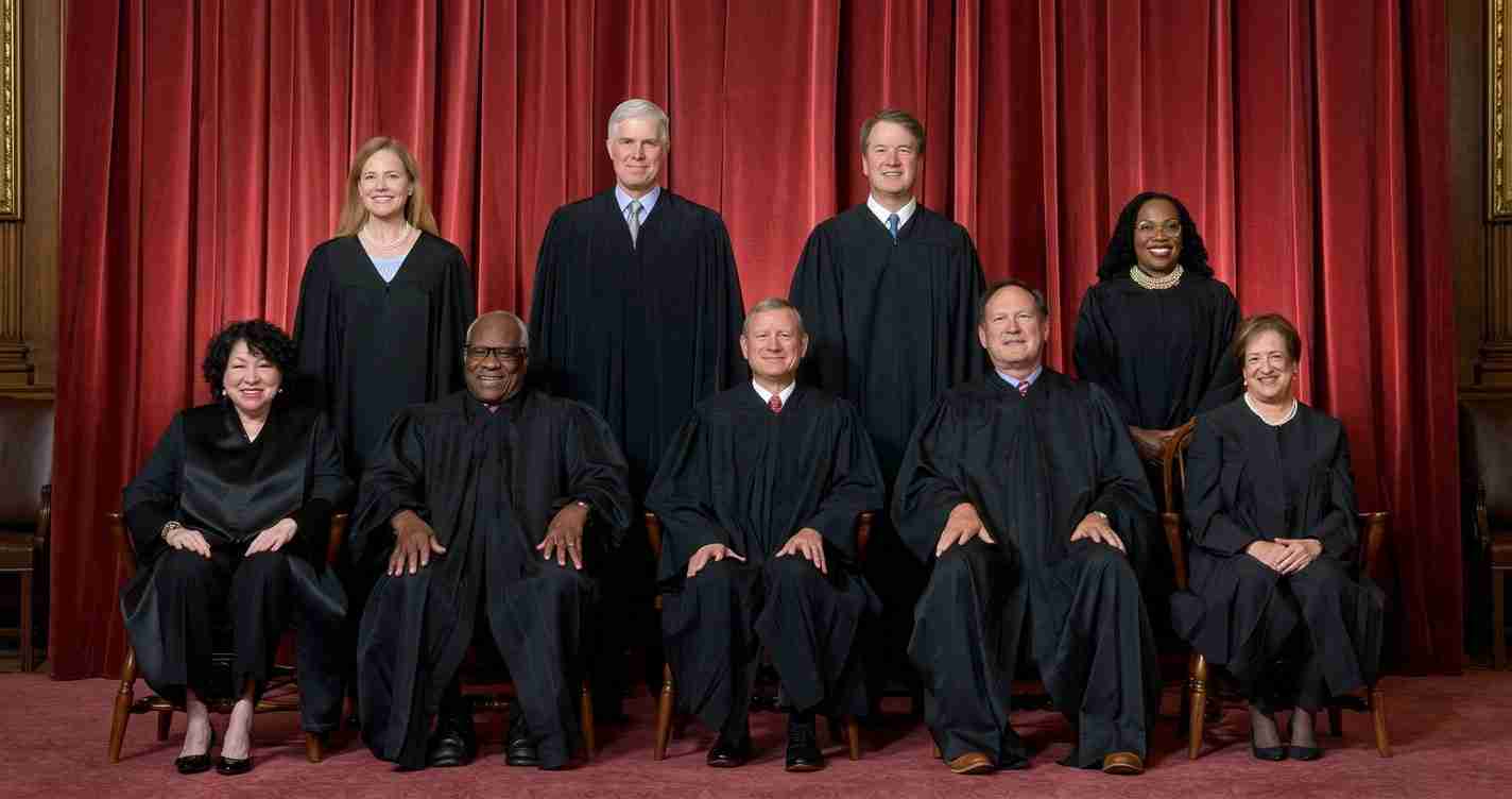 Group of eight judges in black robes posing for a formal portrait in a courtroom with red curtains behind them, some seated and others standing.