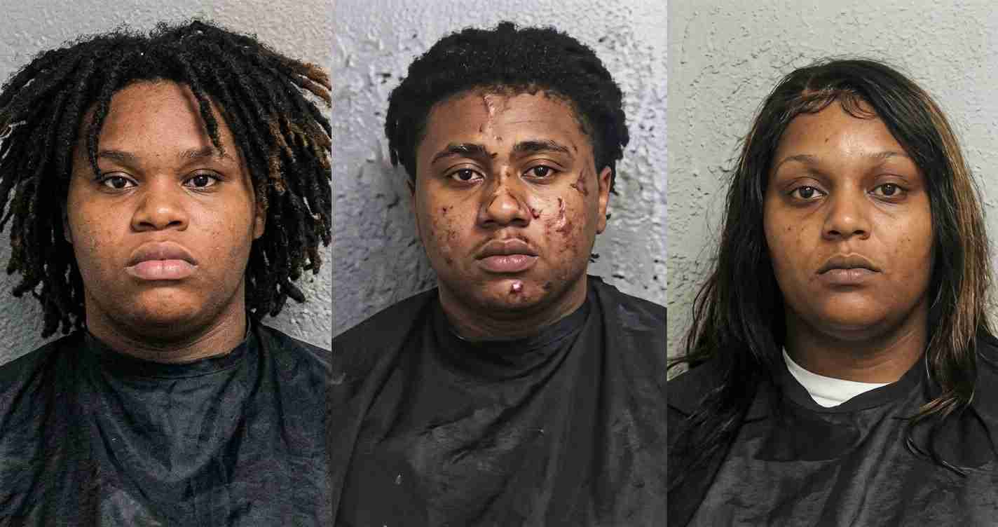 Three mugshots of young Black individuals in black gowns against gray walls; the middle person has facial injuries and swelling as a result of trauma.
