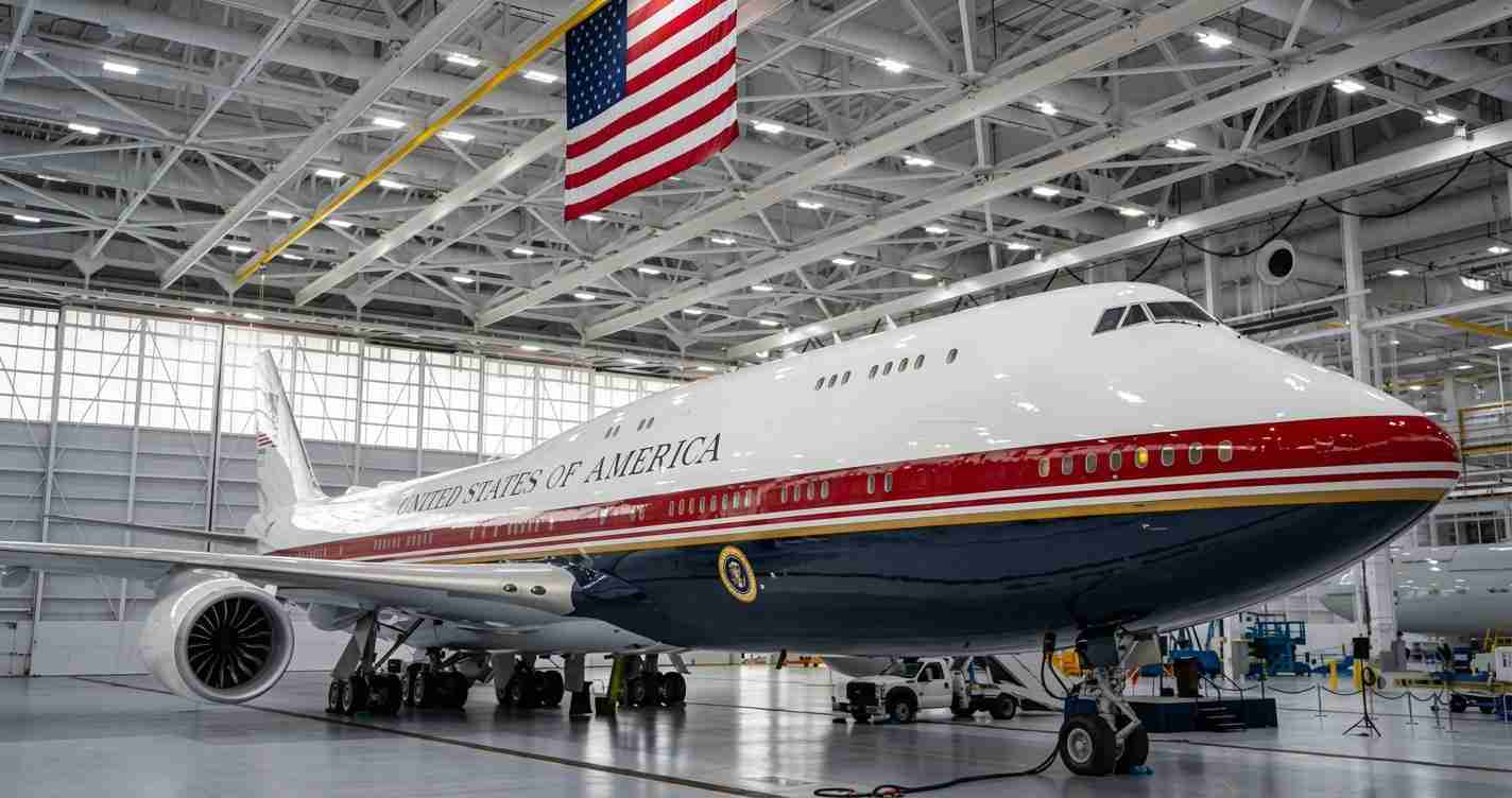 Air Force One in a spacious hangar, white with red and blue stripes, with an American flag overhead.