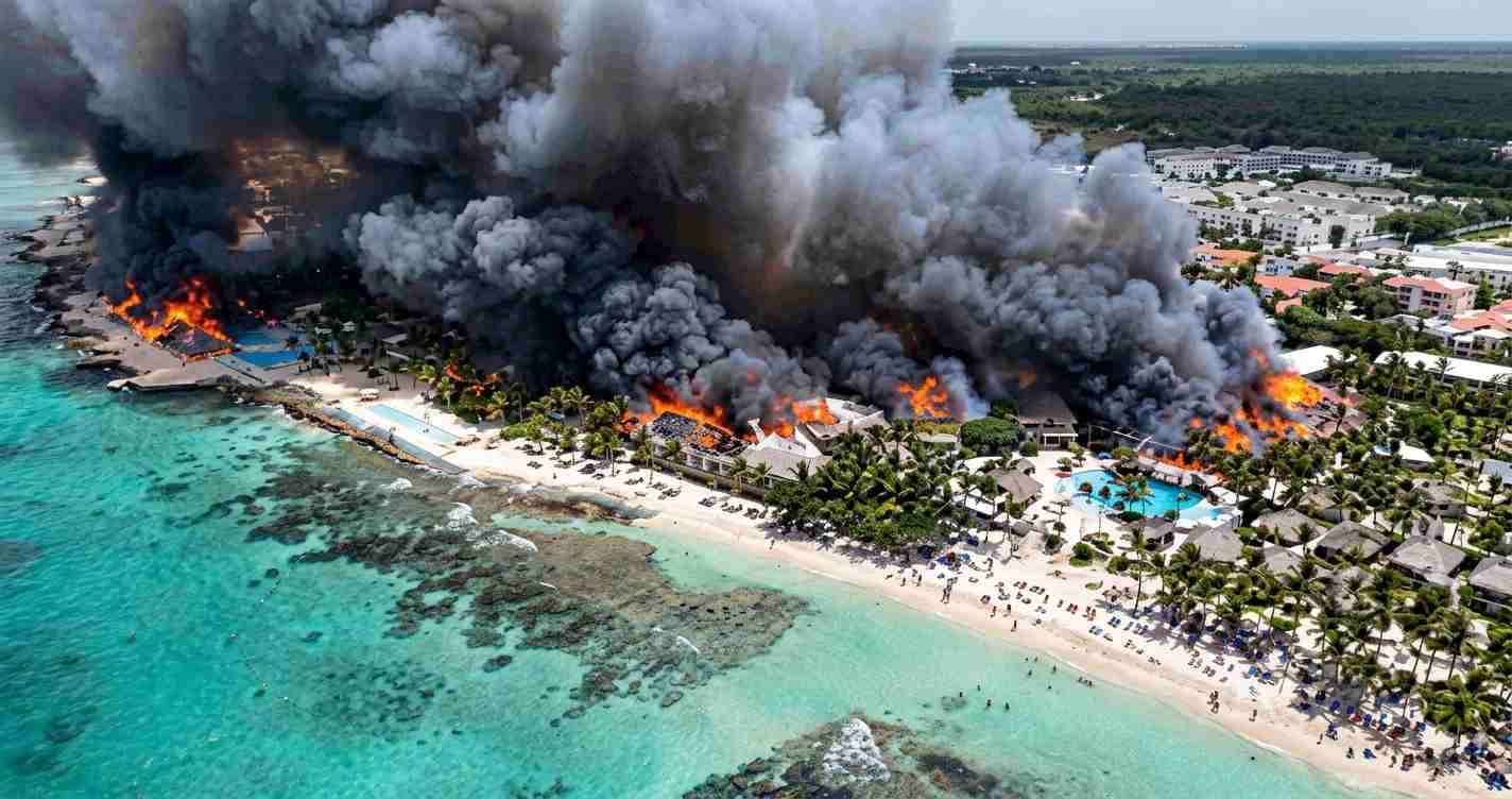 Beachfront resort on fire with large black smoke plumes rising over palm trees and orange flames along the shoreline.