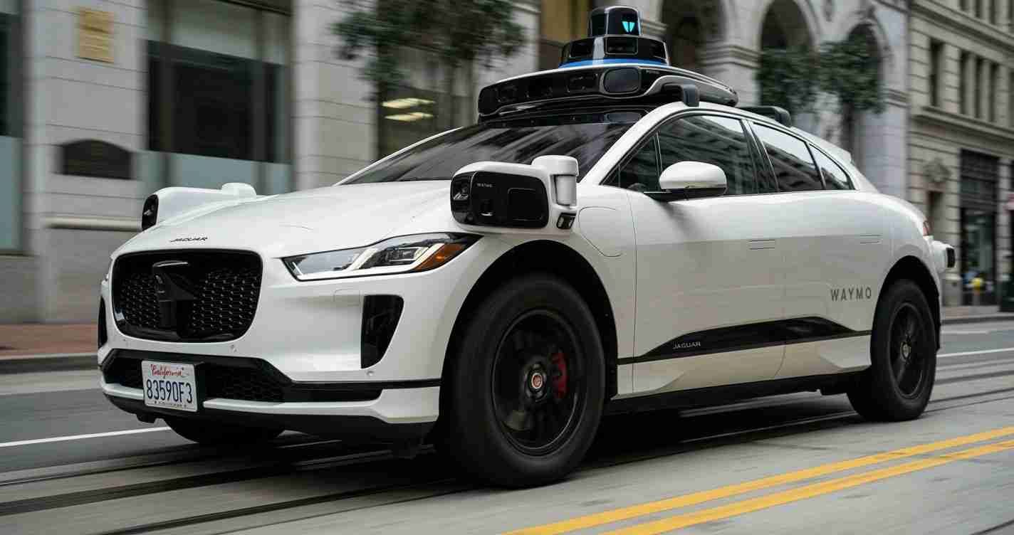 Waymo autonomous white Jaguar SUV with roof-mounted sensors driving on an urban street in traffic, center lane marked road visible.