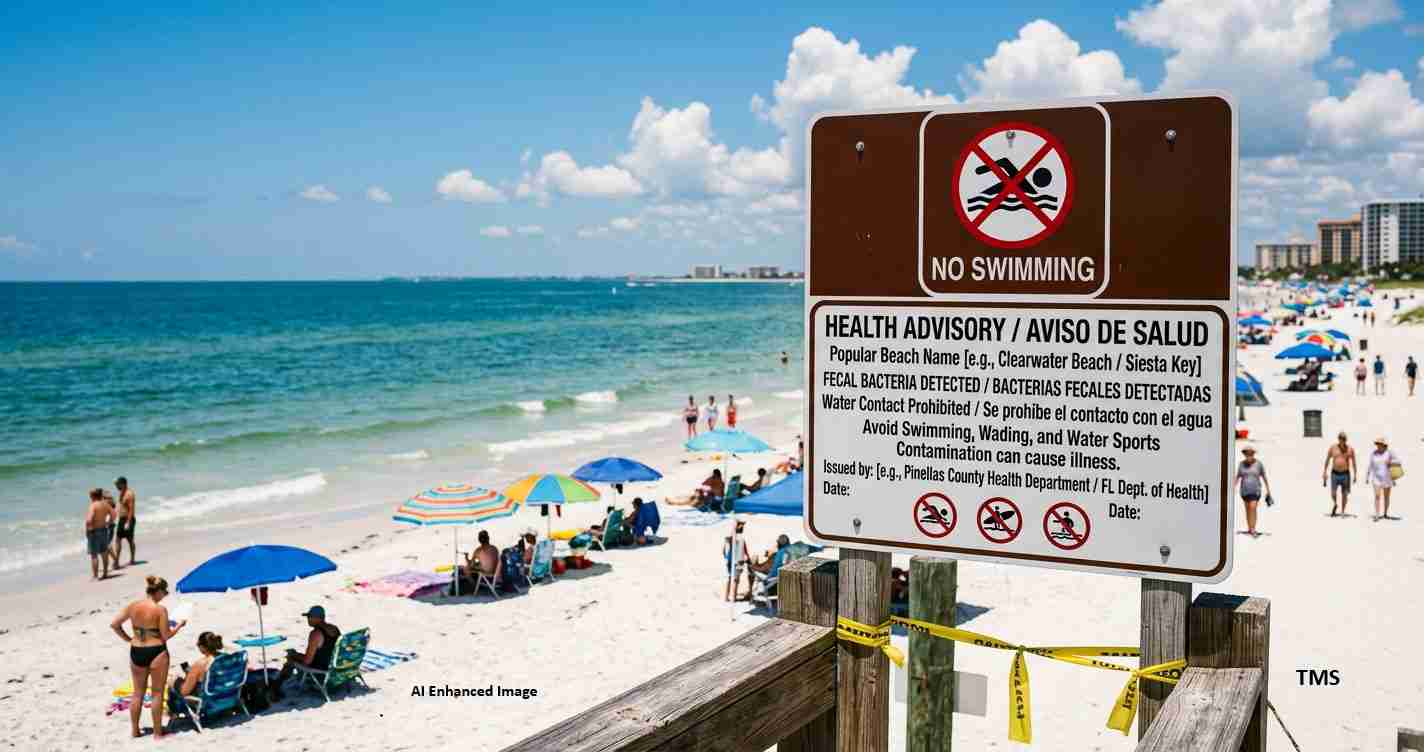 No swimming warning sign on a wooden barrier at a busy sunny beach with colorful umbrellas and people nearby.