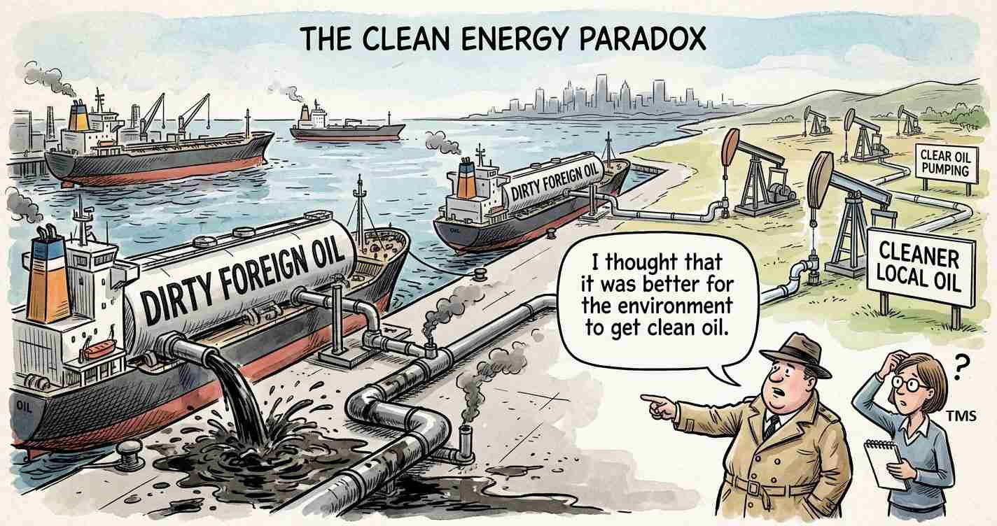 Cartoon: oil ships pumping dirty foreign oil; pipes spill sludge while signs promote cleaner local oil, highlighting energy paradox