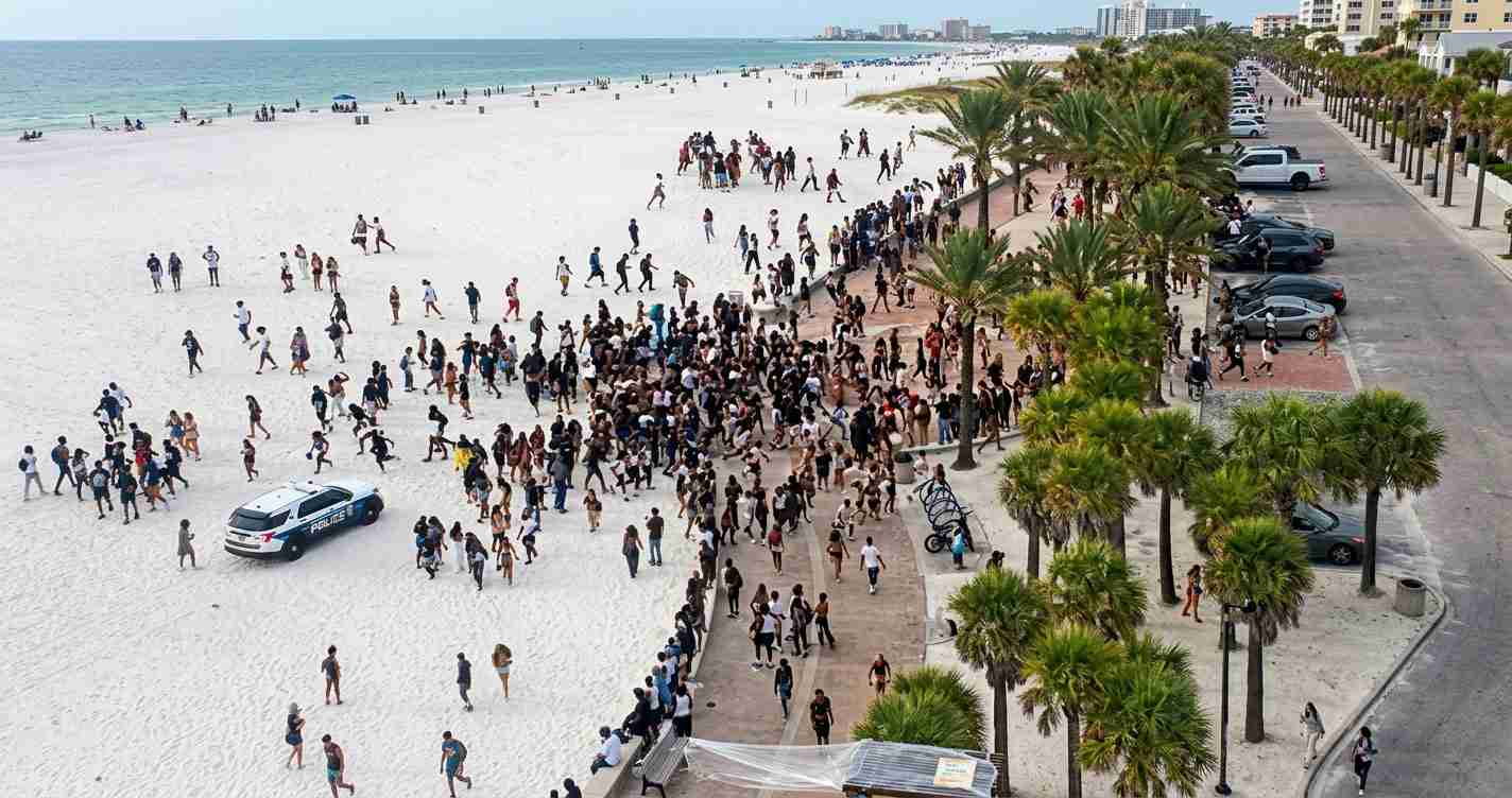 Crowd gathered on a white sandy beach near a palm-lined promenade with parked cars nearby and a police SUV on the sand.