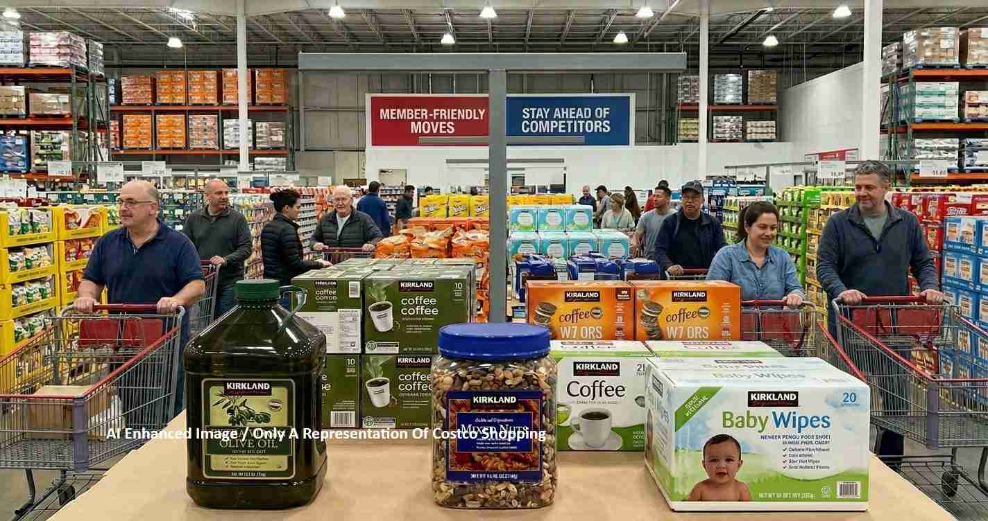 Shoppers push carts through a Costco-style warehouse aisle filled with bulk coffee, nuts, and baby wipes on display.