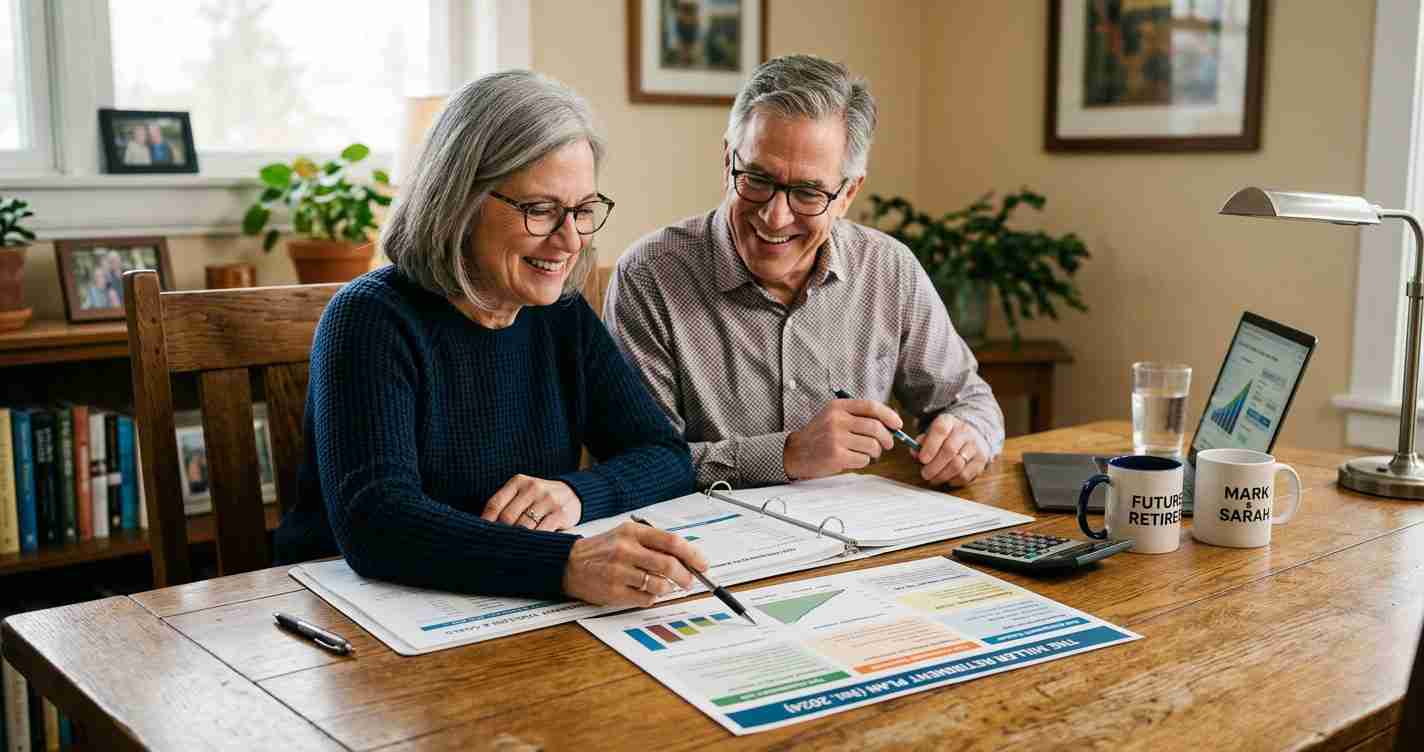 Smiling older couple studying financial documents and charts at a wooden dining table.