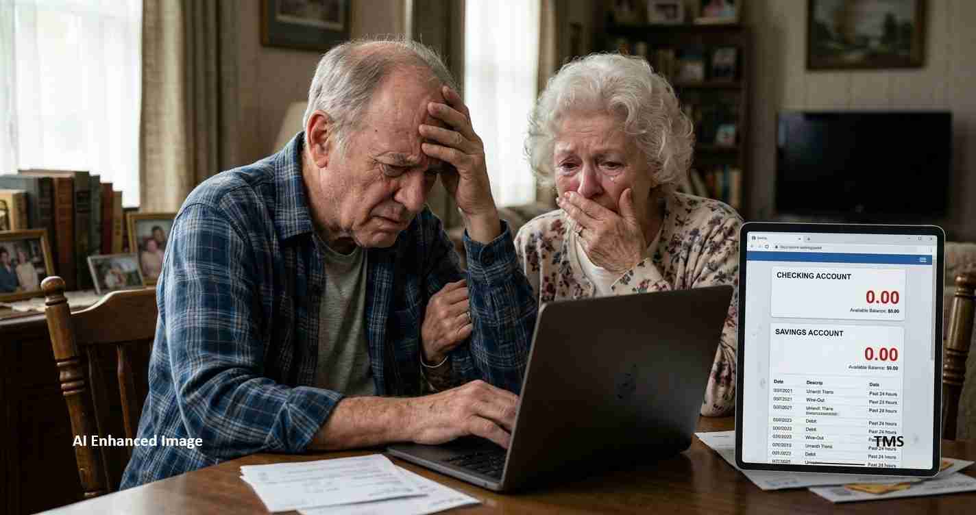 An elderly couple looks distressed as they view a laptop and a tablet showing bank balances at 0.00.