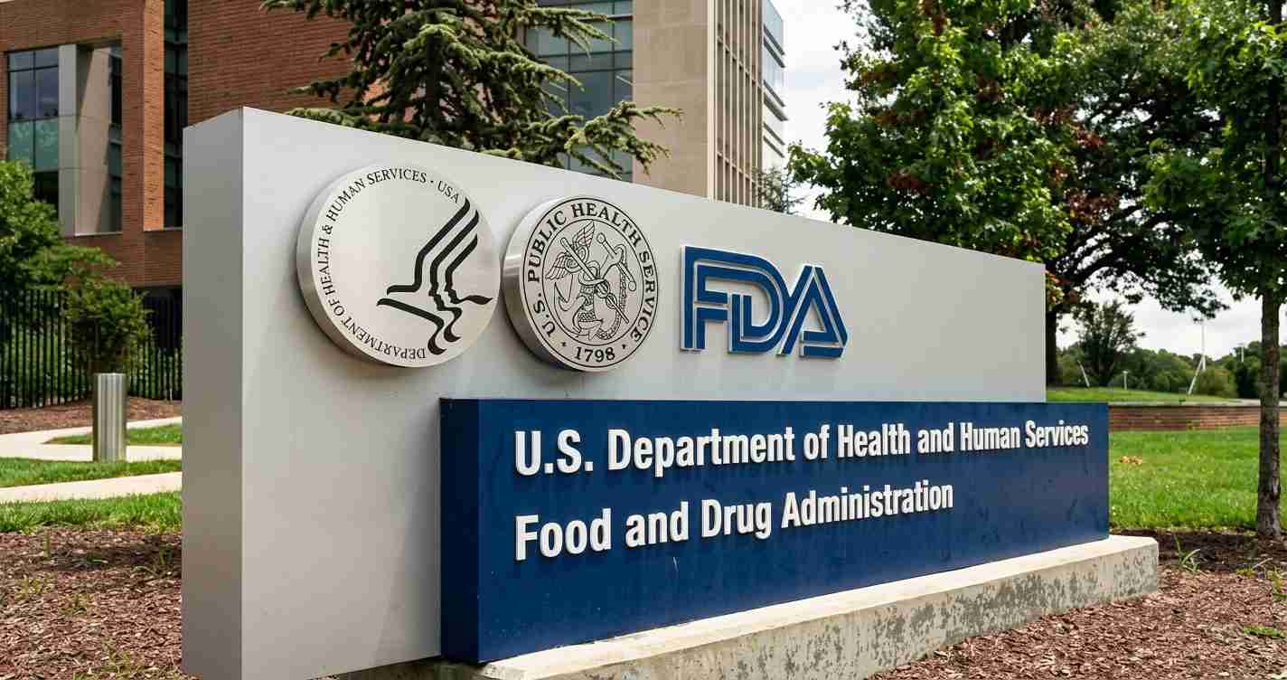FDA sign at a government building with three circular seals and a blue panel reading 'U.S. Department of Health and Human Services Food and Drug Administration' (outdoor setting).
