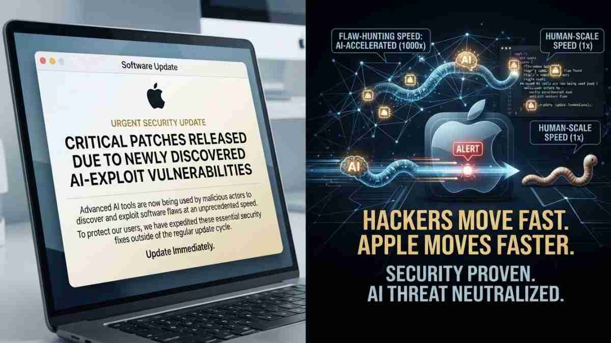 Split image: left shows a laptop alerting urgent security updates for AI-exploit vulnerabilities; right is a dark poster about AI threat neutralization.