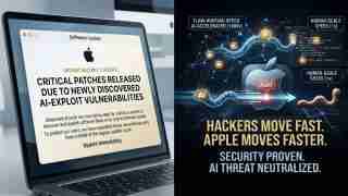 Split image: left shows a laptop alerting urgent security updates for AI-exploit vulnerabilities; right is a dark poster about AI threat neutralization.