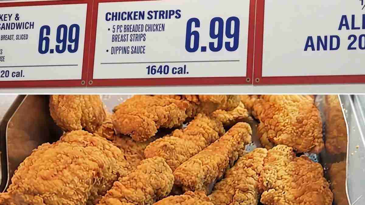 Cripsy fried chicken pieces in a display case with menu boards showing chicken strips for $6.99 and 1640 cal.