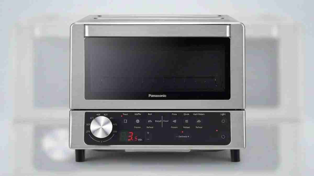 Stainless steel countertop oven/microwave with a large circular control knob and digital timer display on the front panel.