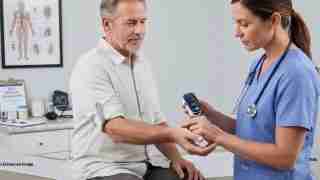 Nurse in blue scrubs checks a man's vital signs with a handheld medical device in a clinic setting.