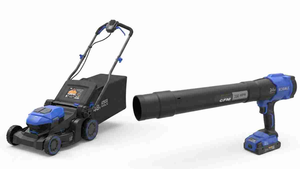 Cordless push lawn mower with blue accents and a separate long-blow handheld leaf blower in matching blue and black, set together on white.