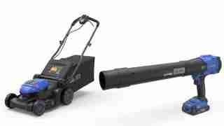 Cordless push lawn mower with blue accents and a separate long-blow handheld leaf blower in matching blue and black, set together on white.