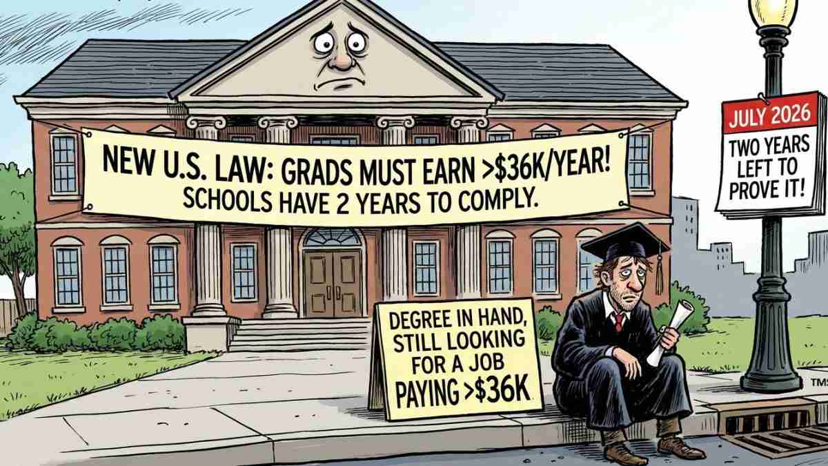 Satirical cartoon of a college building with a banner: grads must earn over $36K/year; a job-seeking graduate sits nearby with a diploma.